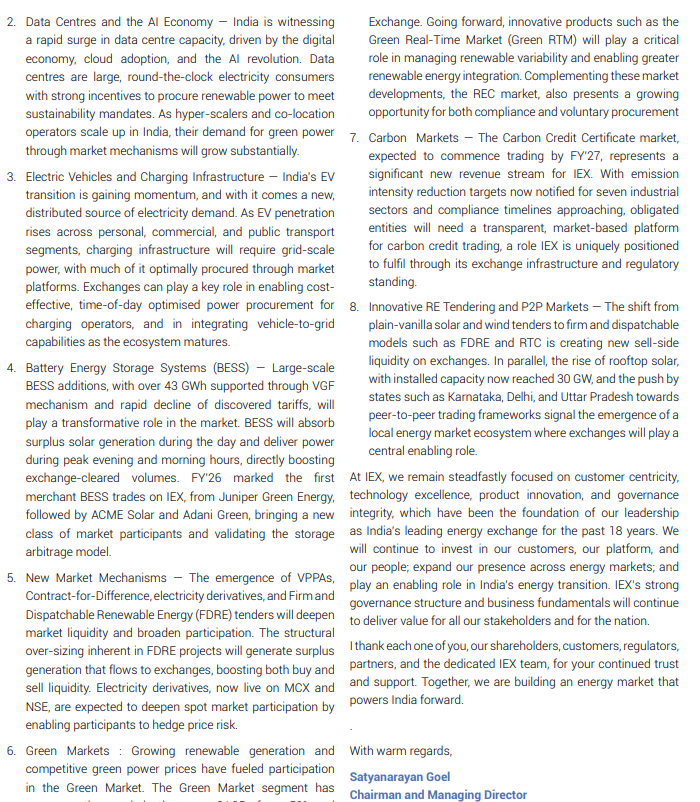 EquityValueIn's tweet photo. IEX 2026 annual report , my notes and thoughts 

1)Theme of  transformation is reshaping three critical elements of DISCOM operations: the timing of procurement decisions, the scheduling of State-allocated generation, and the daily optimization of supply-demand balance ( state discoms are increasingly using IEX not as a one time need but more of a long term planning partner , more important for many state discoms that are pivoting to profitability ) 

2) Mapping the IGX and ICX story , from exchange to the whole energy market ecosystem being built 
In January 2026 IGX also signed a memorandum of understanding with Hindustan Petroleum Corporation Limited (HPCL) to develop regasification booking platform to enable market-driven booking of storage and regasification services at HPCL’s Chhara LNG Terminal.

3) On market coupling, CERC issued draft regulations in April 2026 proposing Grid India as the Market Coupling Operator. We continue to engage actively with the regulator, and through the legal process where warranted, to ensure that any structural change strengthens, rather than dilutes, the price discovery and efficiency that competitive markets have delivered for participants

broadly the whole story remains the same folks , over the long term if even if there is competition , incrementally the story for IEX remains very good in my opinion , I think they are focusing on positioning on capturing the incremental profitabilty on the table by creating a larger ecosystem of exchanges rather than just 1 , intersting times ahead here in my opinion