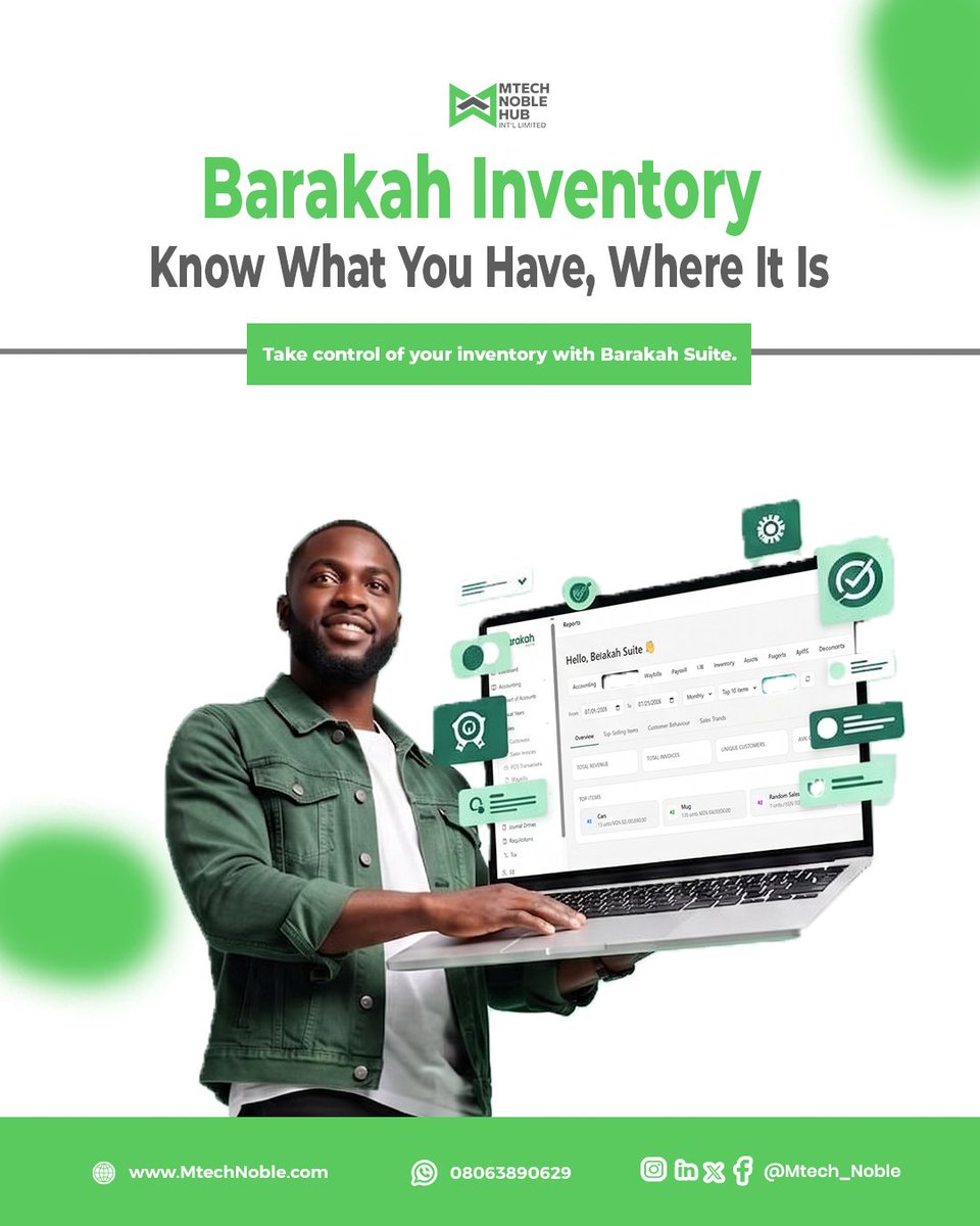 MtechNoble's tweet photo. Stop guessing what’s in stock. Barakah Inventory helps you track stock levels, know what you have, where it is, and when to restock all in one simple platform. Manage smarter with Barakah Suite. #BarakahSuite #BarakahInventory #Inventorymanagement https://t.co/fnvKv1lj5W