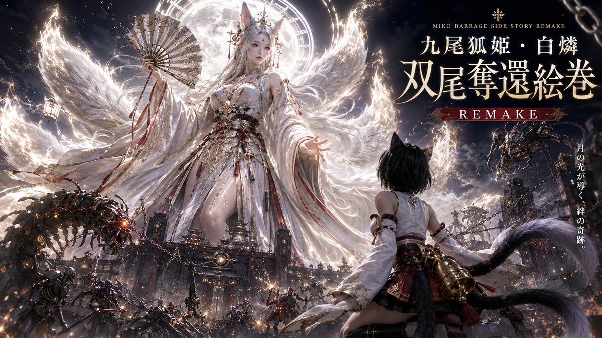 BarrageSeries's tweet photo. MIKO BARRAGE SIDE STORY REMAKE
― 九尾狐姫・白燐　双尾奪還絵巻 ―

攫われた双尾猫又・鈴音。
狙われ���のは、彼女と神器「双響鈴」。

鈴音の想いが月喰炉の力を白燐へ転写し――

無料で9/5(土) 10:00(JST)Noteで公開！
リンクは下記参照。
https://t.co/cujxTEBYaq https://t.co/a9GJidvajT
