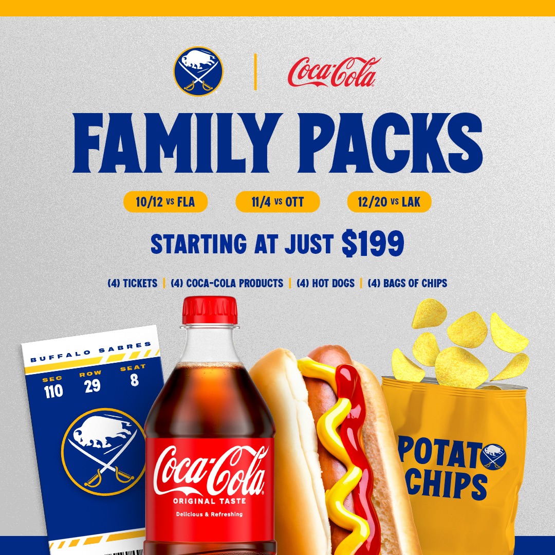 BuffaloSabres's tweet photo. Bring the whole family to a game this season with our Family Packs! 🍿

Get yours now → https://t.co/jzfGEiWk73

#LetsGoBuffalo | @CokeNortheast