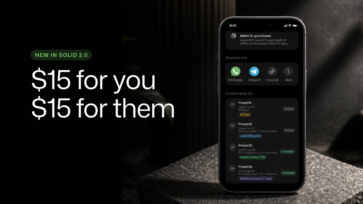 SolidYield's tweet photo. Solid Referrals just got two major upgrades. 

First, we’ve increased the reward for your friends from $10 to $15. Now you both earn $15 when they complete the referral requirements.

Second, you can now track your referrals directly in the app, see who signed up, their progress, and when they’ve completed the requirements.

$15 for you. $15 for them. Plus, full visibility on your referrals. 💚

Open Solid and start referring now!!!