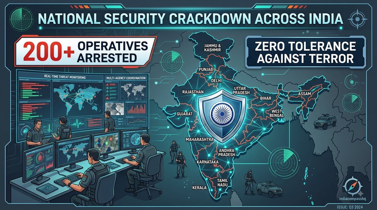 IndiaCompassHQ's tweet photo. 🪖Major Security Breakthrough: 

Multi-State Intelligence Grid Dismantles Cross-Border Terror Syndicate
In a massive coordinated operation ahead of Independence Day, Indian security agencies have dismantled the ISI-backed Shahzad Bhatti Network, apprehending over 200 operatives across 14 states in one of the largest simultaneous counter-terror crackdowns in recent history.

Key Dimensions of the Multi-Agency Strike:

• Pan-India 👣 footprints:

 Coordinated intelligence-led raids spanned 14 states, including UP (62 arrests), Haryana (52), Delhi (51), Punjab (44), Rajasthan (15), Maharashtra (8), and Uttarakhand (5).

• Cache & Hardware Seized:

 Security teams recovered high-grade improvised explosive devices (IEDs), hand grenades carrying Pakistan Ordnance Factory markings, live ammunition, firearms, and surveillance camera modules deployed for target reconnaissance.

• Threat Neutralization: 

The syndicate had been linked by central agencies (NIA) to multiple targeted IED attacks, police station bombings, and planned disruptions across northern transit and security corridors.

This operation underscores the evolving power of unified multi-state intelligence grids and India's decisive zero-tolerance doctrine toward cross-border terror proxies.

How critical is real-time inter-agency intelligence coordination in securing modern national infrastructure against proxy networks?

#NationalSecurity #IndiaDefense #InternalSecurity #CounterTerror #ZeroTolerance
