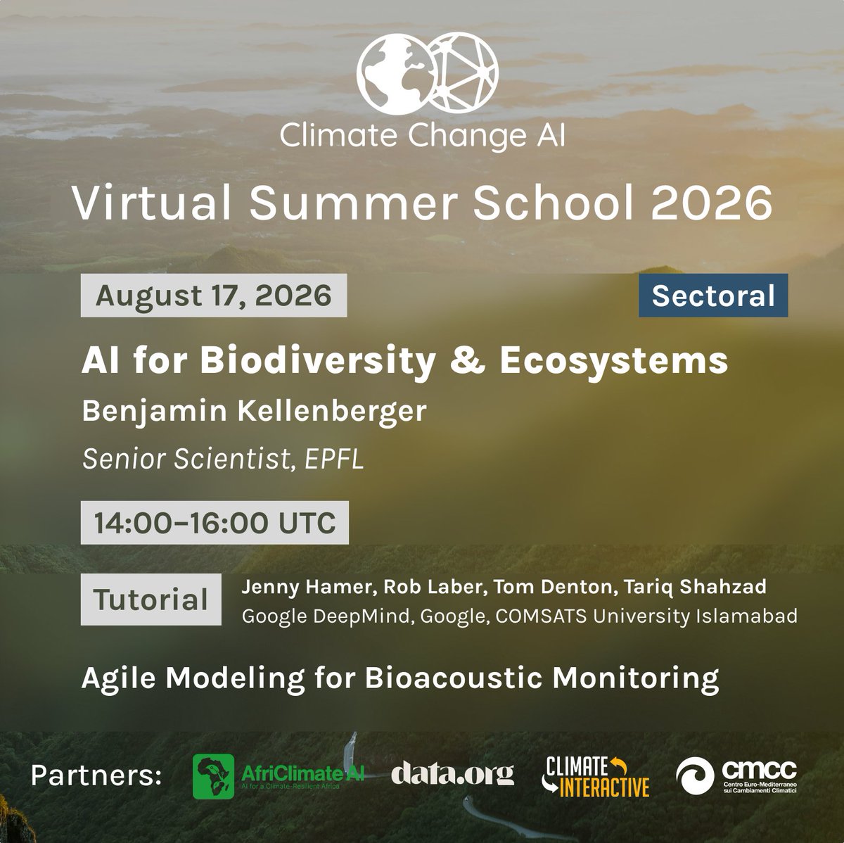 ClimateChangeAI's tweet photo. Tune in to the lecture on AI for Biodiversity &amp; Ecosystems, presented by @b_kellenb, starting in ~30 min!

Also access the tutorial, Agile Modeling for Bioacoustic Monitoring, created by Jenny Hamer, Rob Laber, Tom Denton, &amp; Tariq Shahzad.

Learn more: https://t.co/uwScMMk9zj https://t.co/Iik65ZXJEX