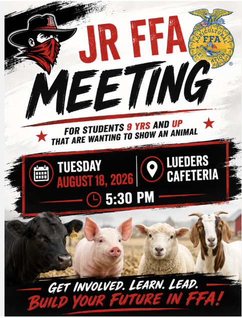 Lueders_Avoca's tweet photo. Jr FFA Meeting this Tuesday at 5:30 Lueders Cafeteria.  For 9 years old  or in the 3rd grade. https://t.co/ZDxYxyzFuY