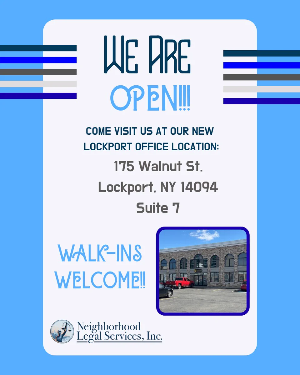 We are OPEN! On blue background with stripes and image of the new office building from the front. Come visit us at our new Lockport office location at 175 Walnut St, Lockport, NY 14094, Suite 7. Walk-ins welcome!

