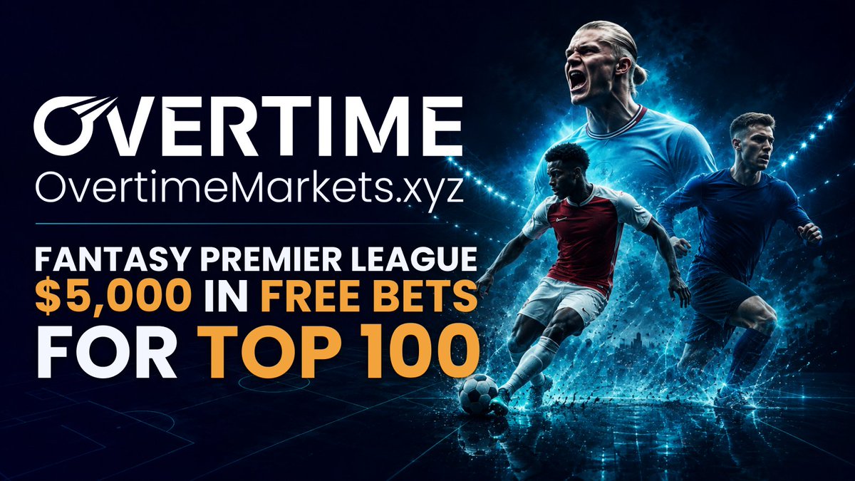Overtime_io's tweet photo. ⚽🚨 https://t.co/uLSIEkcahQ FANTASY PREMIER LEAGUE
$5,000 IN FREE BETS FOR TOP 100 PLAYERS

EPL Fantasy fans, time to cash in on your knowledge! 🧠

Overtime is giving out $5,000 in Free Bets to the TOP 100 people in its fantasy competition.

To participate:

1⃣ Sign up for the Overtime Fantasy League using this link:
https://t.co/YHqLSKTQZI
2⃣ RT this tweet and follow @Overtime_io
3⃣ If you finish in the Top 100 teams in the league, DM us a screenshot of your team and claim the reward

⏰ Don't forget to pick your squad before the Gameweek 1 deadline: Friday, August 21, 2026, at 17:30 UTC, before Arsenal v Coventry kicks off.

Rewards paid in USDC Free Bets:

🥇 $1,000
🥈 $600
🥉 $400
4th: $300
5th: $250
6th–10th: $150
11th–20th: $60
21st–50th: $20
51st–100th: $10

Overtime is a fully onchain sportsbook with features such as Parlays, SGPs and Futures. No KYC, no bans, no limits for winners. Thousands of EPL lines every week: match winners, totals, player props, and plenty more across other sports.

Sign up in seconds with your X account, email, or other socials using this link:

🏆 https://t.co/WwZFUFcBcd 🏆