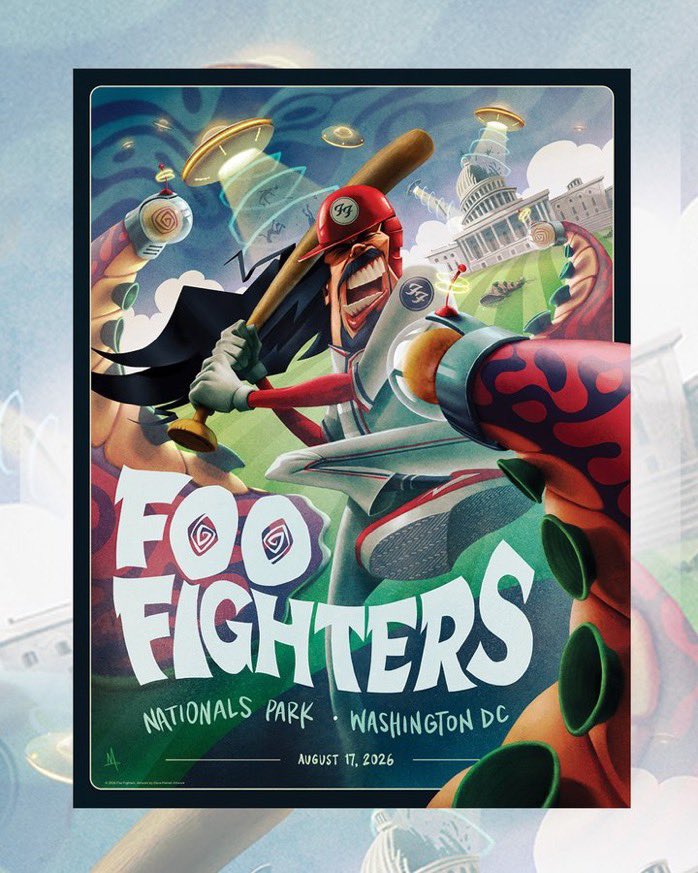 Daven8fs's tweet photo. D.C. ARE YOU READY???
@NationalsPark 🎟️ https://t.co/FRvfFSZaJs

4:00pm  Doors Open
5:30pm  Mannequin Pussy
6:30pm  @qotsa 
8:00pm   #FooFighters 

Early merch shopping opens at 2pm today!!!
Located on the South side of Parking Garage C, near the corner of 1st St SE & N St SE. Northeast side of National's Park.

Poster art by Dave Merrell
#FF2026