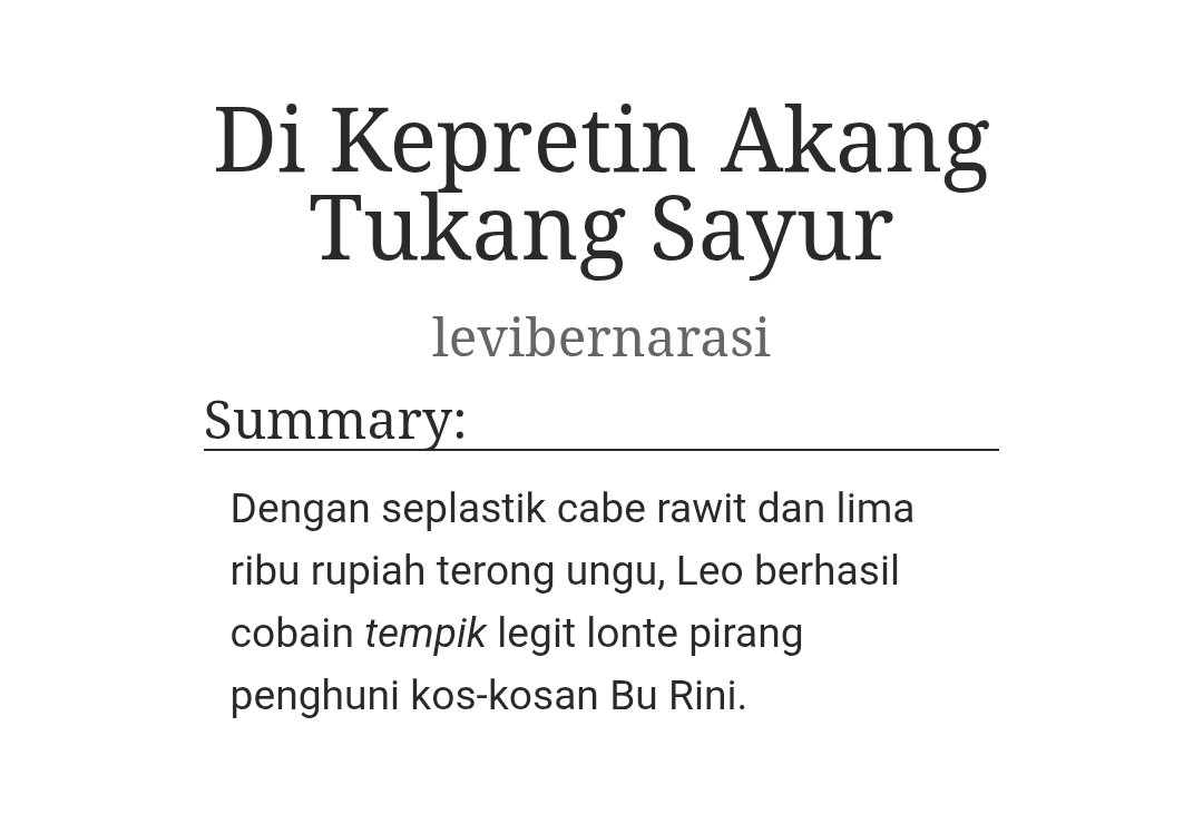levimenulis's tweet photo. a leowon fanfic au.

—Dikepretin Akang Tukang Sayur

tolong baca tags dengan seksama sebelum membaca!

🔞|https://t.co/MR3RZiCnmV https://t.co/NnNuSPEN1Z