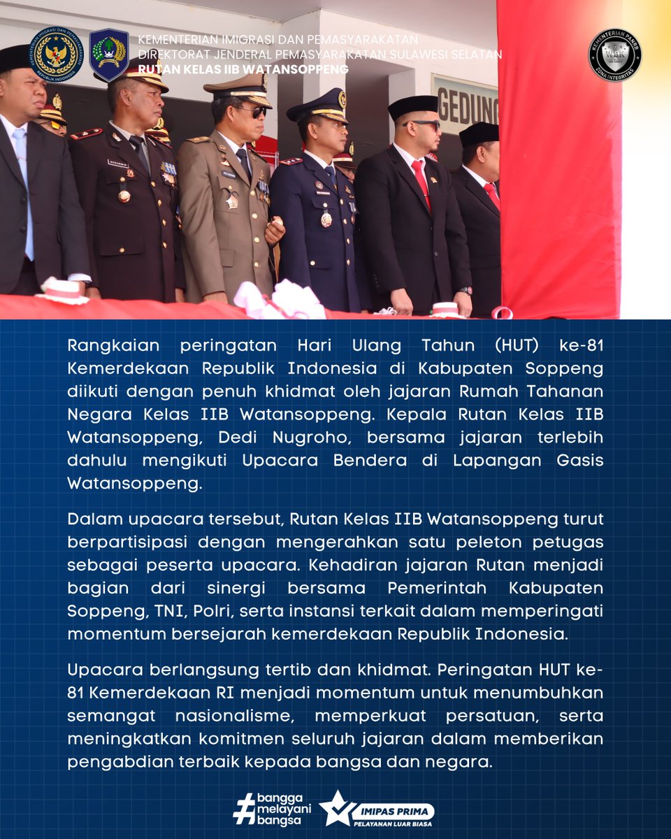 RutanWatansoppe's tweet photo. HUT ke-81 Kemerdekaan RI, Rutan Watansoppeng Ikuti Upacara dan Serahkan Remisi kepada 74 WBP. Momentum penting ini untuk meneguhkan semangat pengabdian serta memberikan penghargaan kepada warga binaan yang telah memenuhi persyaratan. https://t.co/Kw2Zie8qLr