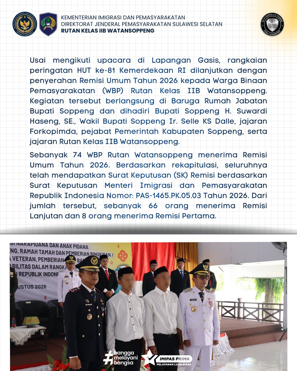 RutanWatansoppe's tweet photo. HUT ke-81 Kemerdekaan RI, Rutan Watansoppeng Ikuti Upacara dan Serahkan Remisi kepada 74 WBP. Momentum penting ini untuk meneguhkan semangat pengabdian serta memberikan penghargaan kepada warga binaan yang telah memenuhi persyaratan. https://t.co/Kw2Zie8qLr