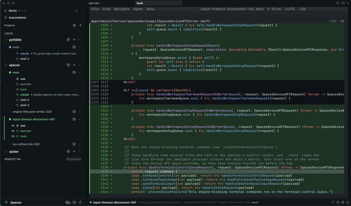 yogeshkd's tweet photo. spaces supports adding custom processes to your project so you can add one for hunk so diff is only ever a keystroke away no matter which worktree you are looking at https://t.co/BiMVQ6Xf8K