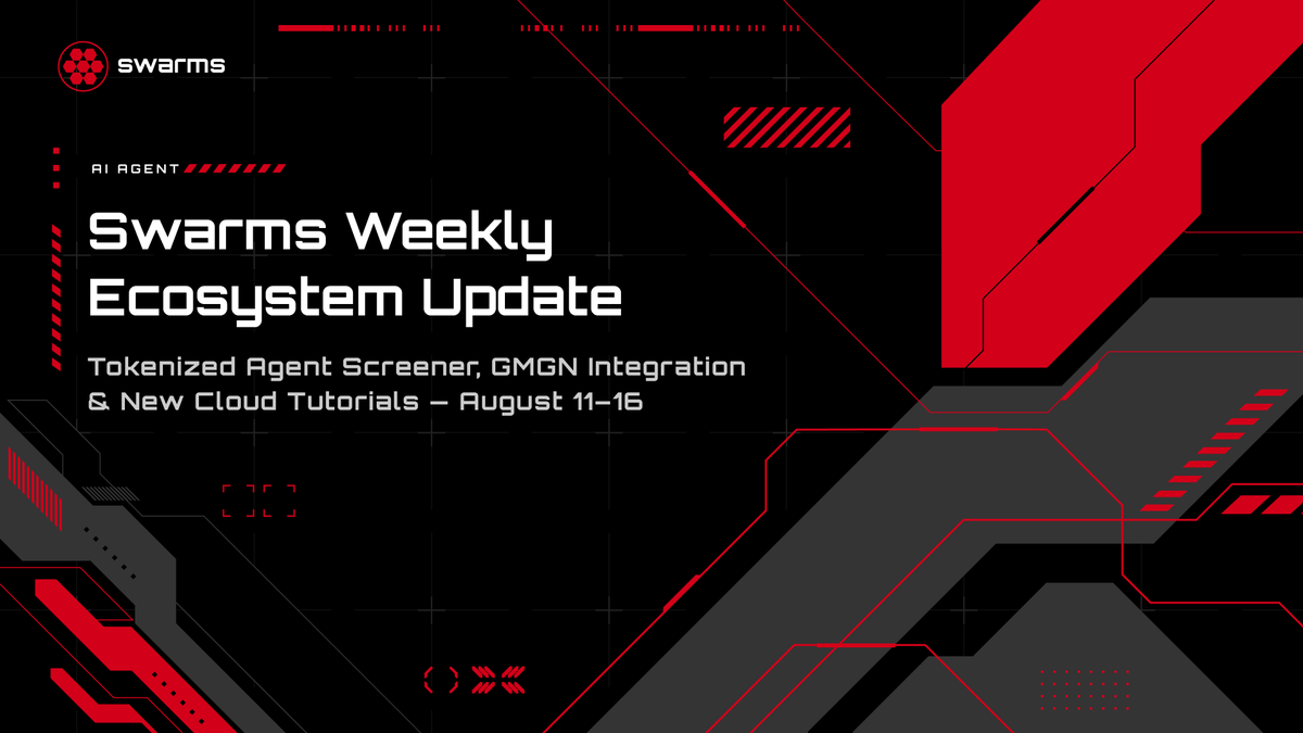 swarms_corp's tweet photo. Swarms Weekly Ecosystem Update [August 9th - August 16] 👾🤖

A lot happened across the Swarms ecosystem this week. We launched the Tokenized Agent Screener, partnered with GMGN, released two new Swarms Cloud tutorials, expanded hiring across the company, and continued building new infrastructure for the agent economy.

Highlights

• Every tokenized agent is now visible on a dedicated live Screener

• Swarms agents are now discoverable and tradable on GMGN

• Two new Swarms Cloud tutorials covering the Auto Agent Builder and Compare feature are now available

• New roles are now open across engineering, research, growth, finance, and operations

Learn more ⬇️