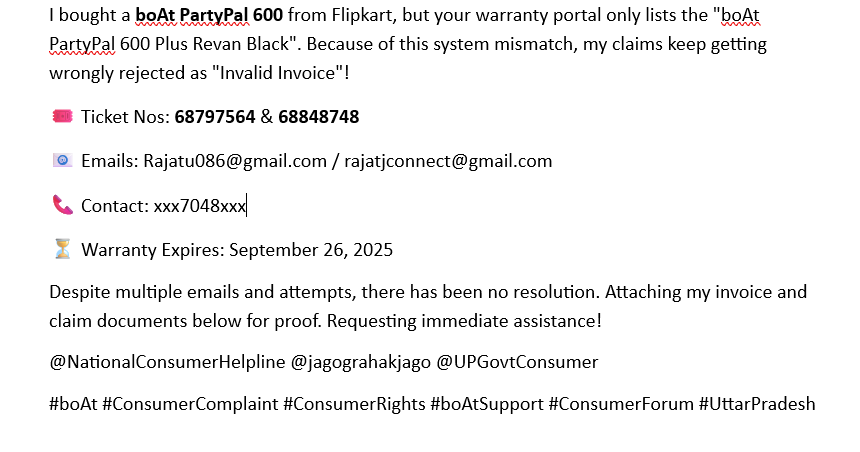 rajatup76684543's tweet photo. Hey @boAtChitChat @RockWithboAt
, I need urgent support for my warranty claim! 🚨
@NationalConsumerHelpline @jagograhakjago @UPGovtConsumer @RockWithboAt
#boAt #ConsumerComplaint #ConsumerRights #boAtSupport #ConsumerForum #UttarPradesh https://t.co/1G0dX5KdP1