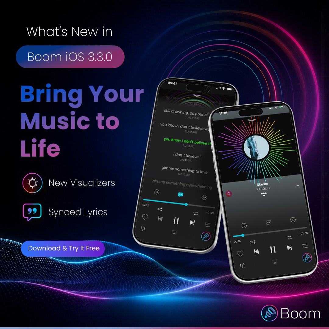 BoomApp's tweet photo. 👀 Have you updated to Boom iOS v3.3.0 yet?

What's your favorite addition?

❤️ Visualizers
💬 Synced Lyrics
Drop your answer below! 👇 #BoomiOS https://t.co/YWc4BNhzaq