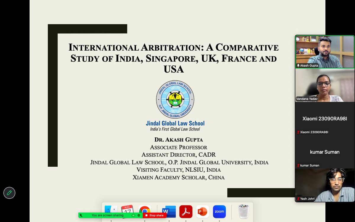 Akashtnnls's tweet photo. “International Arbitration: A Comparative Study of India, Singapore, England &amp; Wales, France and USA” Lecture as part of the Certificate Course organised by JusCorpus. https://t.co/Ofe3mjHJLk