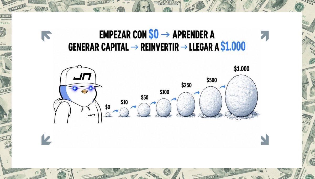 JohnNakamoto_'s tweet photo. Si mañana perdiera todo y tuviera que empezar con $0, esto es exactamente lo que haría para conseguir mis primeros $1.000.

No buscaría un 100x.

No pediría dinero prestado.

Y desde luego no intentaría hacerme rico en 30 días.

Haría esto 🧵👇

1. No intentaría hacer dinero rápido

Si empiezas con $0, tu mayor activo no es el dinero.

Es tu tiempo.

Por eso, al principio me centraría en aprender, probar cosas y encontrar oportunidades que no requieran mucho capital.

Los primeros meses los vería como una inversión en mí mismo.

2. Aprendería una habilidad que pueda monetizar

Si tienes $0, tu mejor inversión probablemente no sea una altcoin.

Eres tú.

Aprendería algo que pueda vender:

→ Contenido  
→ Diseño  
→ Marketing  
→ Edición  
→ Investigación  
→ Desarrollo  
→ Community management

Lo que sea.

El objetivo es aumentar mi capacidad para generar ingresos.

Porque cuando sabes generar dinero, dependes mucho menos de tener dinero para empezar.

3. Buscaría oportunidades que no requieran capital

Aquí entran:

→ Airdrops  
→ Testnets  
→ Campañas  
→ Programas de puntos  
→ Nuevos protocolos  
→ Oportunidades dentro del ecosistema

Pero no haría cualquier tarea por unos pocos dólares.

El objetivo no es trabajar gratis.

Es encontrar oportunidades con una buena relación entre tiempo, riesgo y recompensa.

4. Construiría una red de contactos

Esto se suele pasar por alto.

Con $0 no tienes mucho capital.

Pero puedes empezar a construir:

→ Contactos  
→ Conocimiento  
→ Reputación

Hablaría con otros usuarios.

Entraría en comunidades.

Conocería builders.

Intentaría aportar valor.

Muchas oportunidades en cripto llegan por personas que conoces, no por una búsqueda en Google.

5. Empezaría a crear contenido

Esto lo tengo clarísimo.

Si volviera a empezar hoy, abriría una cuenta en X y documentaría todo.

Qué estoy aprendiendo.

Qué protocolos estoy probando.

Qué errores estoy cometiendo.

Qué cosas me parecen interesantes.

No necesitas ser un experto.

Puedes empezar siendo simplemente la persona que está aprendiendo y comparte el proceso.

Con el tiempo puedes construir una audiencia.

Y una audiencia puede convertirse en oportunidades.

6. Cuidaría muchísimo los primeros dólares

Cuando consigues tus primeros $100, la tentación de convertirlos rápidamente en $1.000 es enorme.

Y ahí es donde mucha gente se equivoca.

No metería todo en una memecoin porque alguien diga que hará 100x.

No utilizaría apalancamiento.

No perseguiría cada narrativa.

Y tendría muchísimo cuidado con scams y proyectos desconocidos.

Perder tus primeros $100 puede hacerte retroceder semanas o meses.

7. Buscaría pequeñas fuentes de ingresos

No subestimaría:

$20.

$50.

$100.

Al principio, todo suma.

→ Freelance  
→ Crear contenido  
→ Referidos cuando tengan sentido  
→ Trabajos dentro del ecosistema  
→ Pequeños servicios  
→ Tareas puntuales

No necesitas encontrar una fuente que te dé $1.000 al mes desde el primer día.

Puedes empezar con:

$50 → $100 → $300 → $500 → $1.000

Lo importante es seguir aumentando tu capacidad de generar ingresos.

8. No intentaría convertir $0 en $1.000 únicamente invirtiendo

Esta probablemente sea mi opinión más importante.

Si tienes $0 y consigues $100, convertir esos $100 en $1.000 invirtiendo significa buscar un 10x.

Y eso implica asumir bastante riesgo.

En cambio, si consigues generar otros $100, ya has duplicado tu capital sin necesitar que el mercado haga un 2x.

Por eso, si empezara desde cero, combinaría:

Ingresos + aprendizaje + oportunidades + inversión.

No dependería únicamente de la inversión.

9. Los primeros $1.000 son diferentes

Cuando llegas a $1.000, has conseguido algo más importante que los propios $1.000.

Has aprendido a:

→ Generar dinero  
→ Ahorrar  
→ Protegerlo  
→ Encontrar oportunidades  
→ Equivocarte  
→ Volver a intentarlo

Y eso es lo que realmente puede cambiar las cosas a largo plazo.