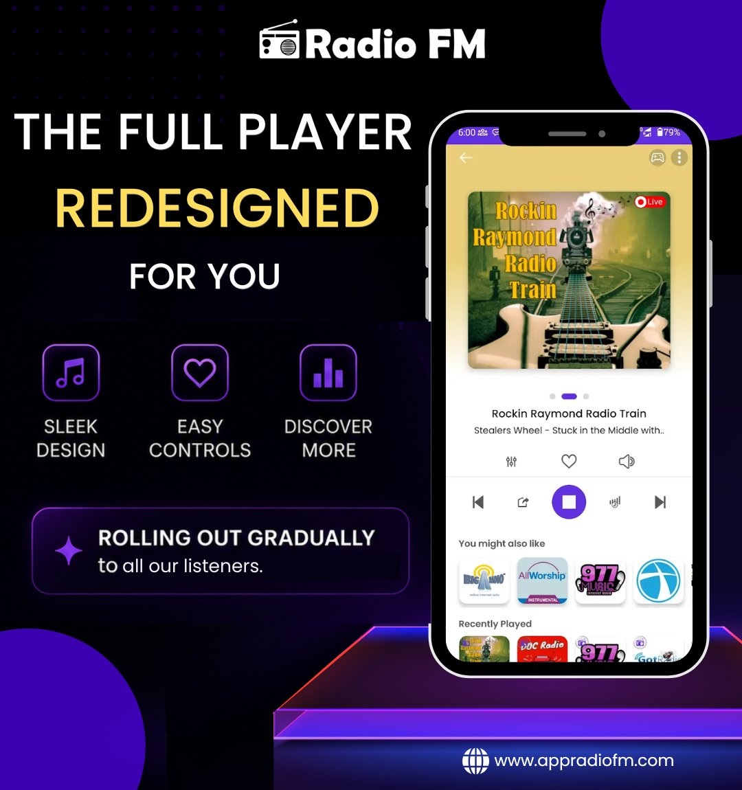 radiofmapp's tweet photo. THE FULL PLAYER. REDESIGNED FOR YOU. 💜🎧

A cleaner look. Easier controls. A smoother way to discover and enjoy your favorite stations.

The redesigned Full Player is rolling out gradually. 👀
Has the new experience reached you yet?

#RadioFM #FullPlayer #InternetRadio #RadioApp https://t.co/aRloy0gPTS