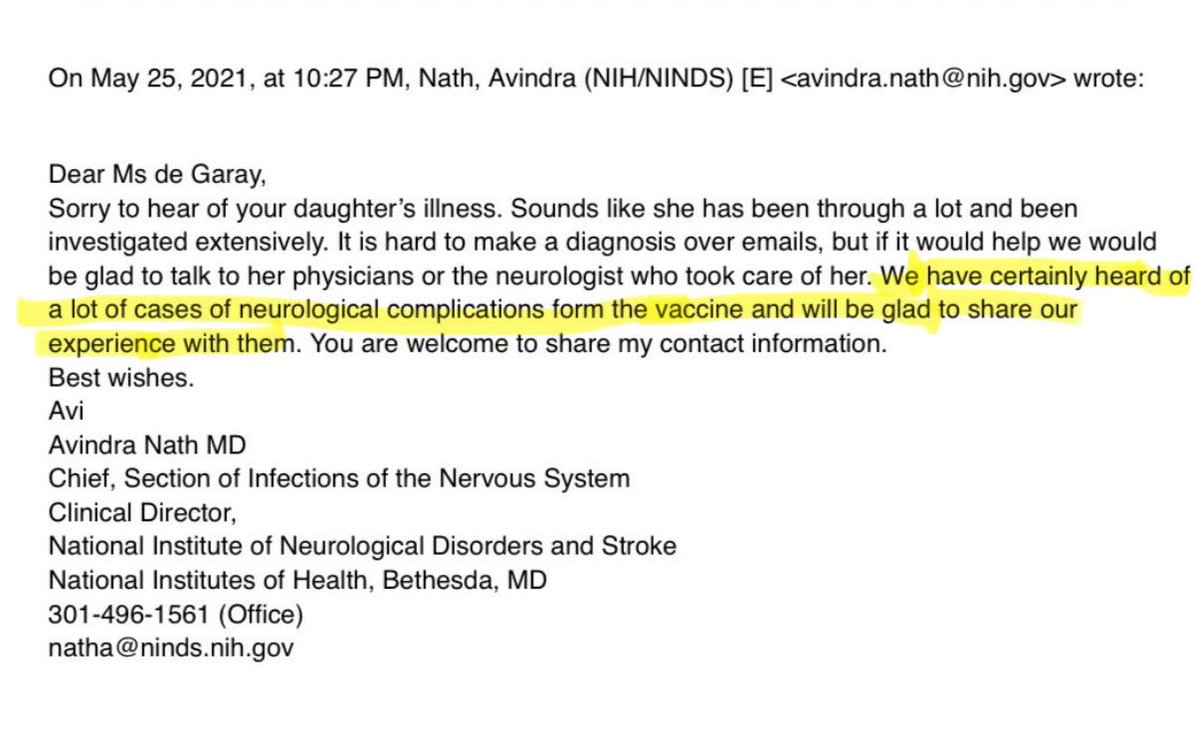 danaparish's tweet photo. I don’t think ppl know this. Top health officials privately studied/treated hundreds of severe neuro COVID vax injuries starting w trials, incl a cluster of ALS in young military men, at @NIH 🏥 while loudly telling the public they were 💯 safe.  https://t.co/xspDdXsSeR