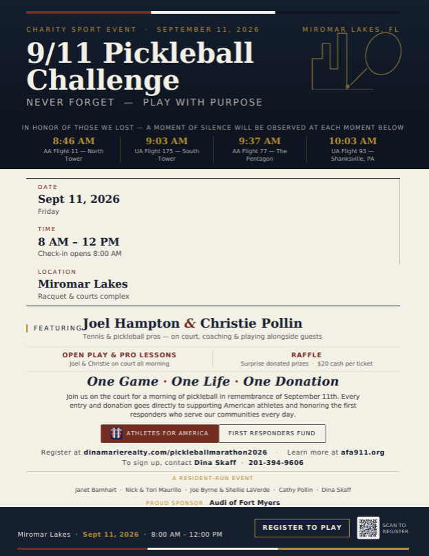 DinaMarieRealty's tweet photo. Join America’s largest pickleball fundraiser supporting first responder charities!
🏓 SIGN UP &amp; DONATE a minimum of $50 to play on Friday, September 11, 2026 (8 AM - Noon)
MORE INFO: https://t.co/YlwRI5SJ0r See less https://t.co/8X1unatw58