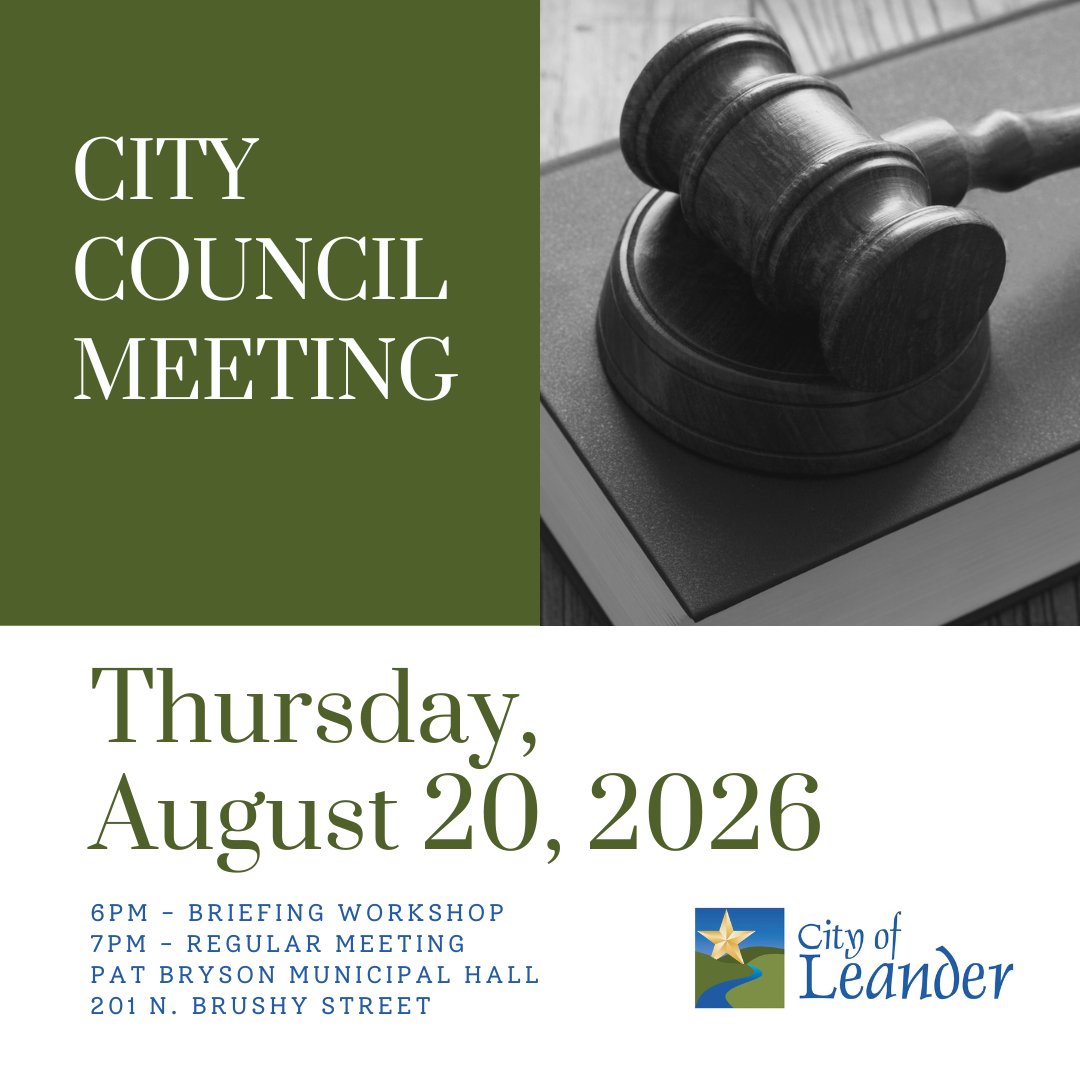 CityofLeander's tweet photo. Leander City Council Meeting
🗓DATE: Thurs, Aug 20
⏰TIME: Briefing Workshop: 6P; Regular Meeting: 7P
🗺 PLACE: Pat Bryson Municipal Hall, 201 N. Brushy St.
🎯AGENDA: https://t.co/m9eGPsRi77
🙋PUBLIC COMMENTS FORM: https://t.co/qEBabKmAxb
🎥LIVE STREAM: https://t.co/YiTnuCVwCp https://t.co/4Ed04rpjNS