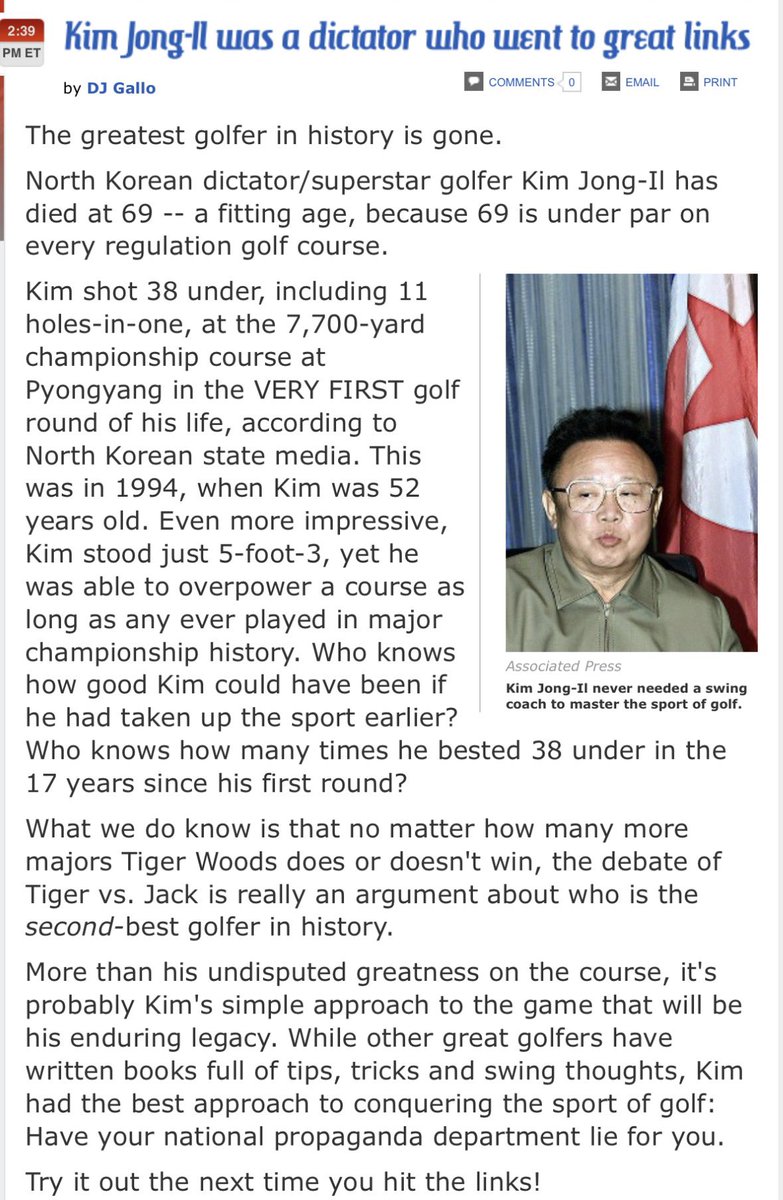 CoffeeDarkRoast's tweet photo. @RonFilipkowski Ron get your cult story right. It wasn’t Kim Jong Un. It was Kim Jong Il! 

He shot a -38 under par that includes 11 holes in one. 

dOnALd tRuMp: “I can’t wait to play Kim Jong il in golf and show who the better golfer is!” https://t.co/2Do4LKiZOV