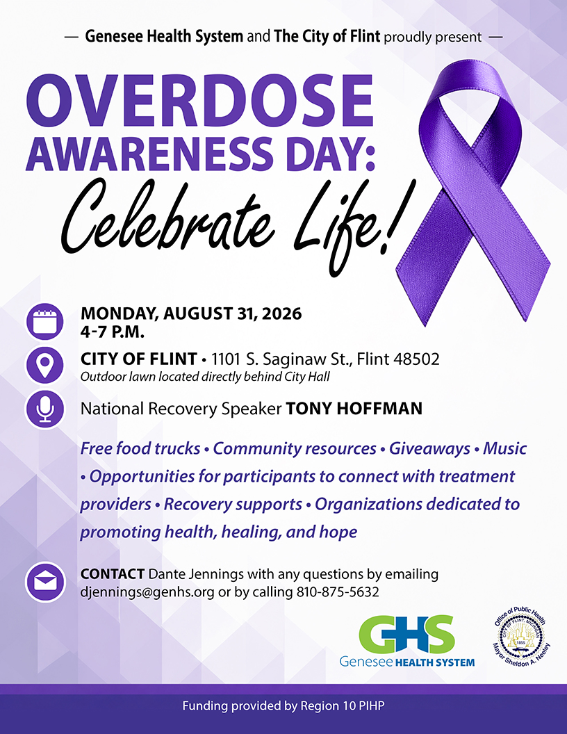 GenHealthSystem's tweet photo. Genesee Health System and the City of Flint are partnering together to bring you "Overdose Awareness Day: Celebrate Life!" on August 31.

Free food, resources, giveaways, recovery supports, and more!

Funding provided by Region 10 PIHP.
#OverdoseAwarenessDay https://t.co/e9b6BSny3y