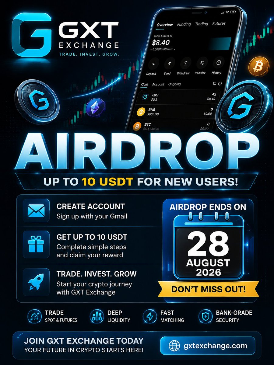 AzTraderss's tweet photo. 🚀 GXT Exchange Airdrop 🎁

Create a GXT account with Gmail &amp; get up to 10 USDT! 💰🔥

https://t.co/hfBpTqNVRS
👉 "JOIN GXT NOW 
🎁 Up to 10 USDT Airdrop
⚡ Quick Registration
🌐 Join the GXT Community

#GXT #GXTExchange #Airdrop #USDT #Crypto #Web3 #Giveaway https://t.co/Il8VCi6zFp