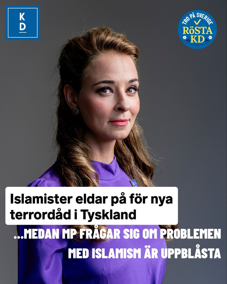 alicemedce's tweet photo. I Tyskland befaras nu fler islamistiska terrordåd efter attacken på Pride i juli.
I Sverige lever hundratusentals unga under hedersförtryck.
Från hela Europa flyr judar till Israel, i jakt på trygghet.
Gång på gång mördas kvinnor, bögar, judar – oskyldiga människor! - på europeisk mark av de islamister vi importerat till Europa och som vi låtit hållas i toleransens namn.
 
Enligt en ny rapport från Europol greps 130 misstänkta terrorbrottslingar som var 18 år eller yngre under år 2025. Totalt registrerades 45 terrorattacker i tio EU-länder och 486 personer greps för terrorrelaterade brott varav hela 70 procent misstänktes för jihadistkopplingar.  Det dödliga våldet mot judar och homosexuella är inte en avvikelse, i strid med islamisternas världsbild, utan tvärtom helt i linje med deras föreställningar om ett islamiserat väst som, i likhet med Mellanöstern, inte har plats för varken judar, homosexuella, frigjorda kvinnor, sekulära eller ens dansande ungdomar.
 
Av den anledningen vore det direkt farligt om en vänsterregering vinner valet i höst då risken finns att det arbete mot islamismen som Tidöregeringen påbörjat kommer att grusas med S, MP, V och C vid rodret.
 
Ett axplock, som illustrerar problemet: Centerpartiet motsatte sig att kartlägga invandrares värderingar - där det föga förvånande sedermera framkom att en majoritet inte accepterar homosexualitet. MP:s språkrör Helldén ifrågasatte om det alls finns problem med islamism häromdagen; ”Det känns som att man lyfter saker och ting som inte har så stor betydelse”. Och få kan vid det här laget ha missat att Vänsterpartiet är fyllt av judehatare och människor som hyllar islamistiska terrorbrott.
 
Kristdemokraterna anser att Sverige måste ta - och vinna - värderingskampen och att islam måste utövas på ett sätt som är förenligt med svenska värderingar - annars är man inte välkommen hit. Vi vill bland annat förbjuda burka och niqab i offentliga miljöer, förbjuda slöja i förskola
och lågstadiet, kriminalisera shariadomstolar och förbjuda regelbundna böneutrop.
 
Läs gärna vår handlingsplan mot islamism: https://t.co/5ovmo0AT4E