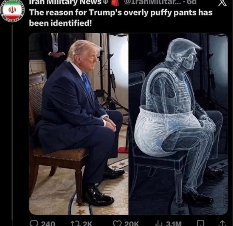 AnneAndrevegte's tweet photo. #FreaksOfNature
#Iranian #intelligence is on to
#Donald "the diaper" #Trump.
At first they thought it was his #Aderall stash,
but after a #thorough investigation,
they found,
even more s*** was in his #pants, than in his #head.๐ https://t.co/Uw3EmkYX2B