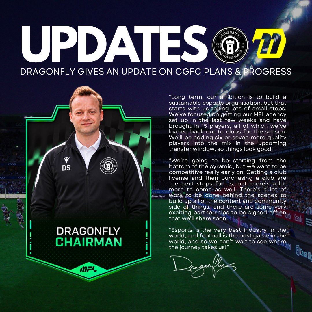 CastleGateFC's tweet photo. CHAT 💬 | @DragonflyAFC talks through his plans for the future of the CGFC organisation and how things have been going so far as we gear up for our competitive debut in @playMFL’s Season 17. Exciting times ahead! ⚽️👀 #Football #Esports https://t.co/a4pWjWY8o3