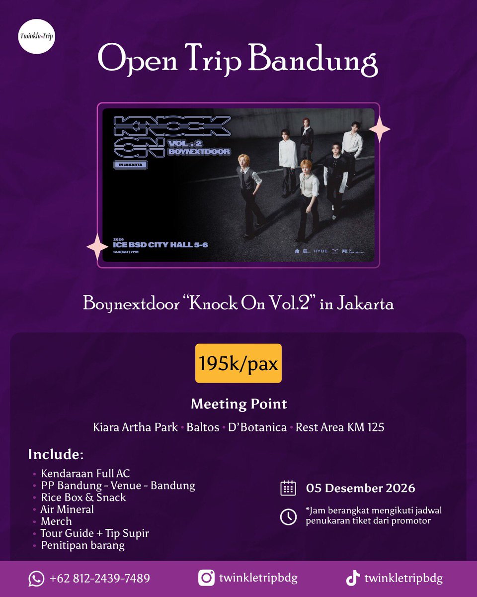 twinkletripbdg's tweet photo. A retweet will be very appreciated!✨

📢 Calling out all ONEDOOR BANDUNG! We’re opening trip for Boy Next Door - Knock On Vol.2 In Jakarta. 
Onedoor bandung..Are you ready to meet your idols? Book your seat now! And feel free to DM us on the account below for details.🌷💗 https://t.co/p7jfV5ULux