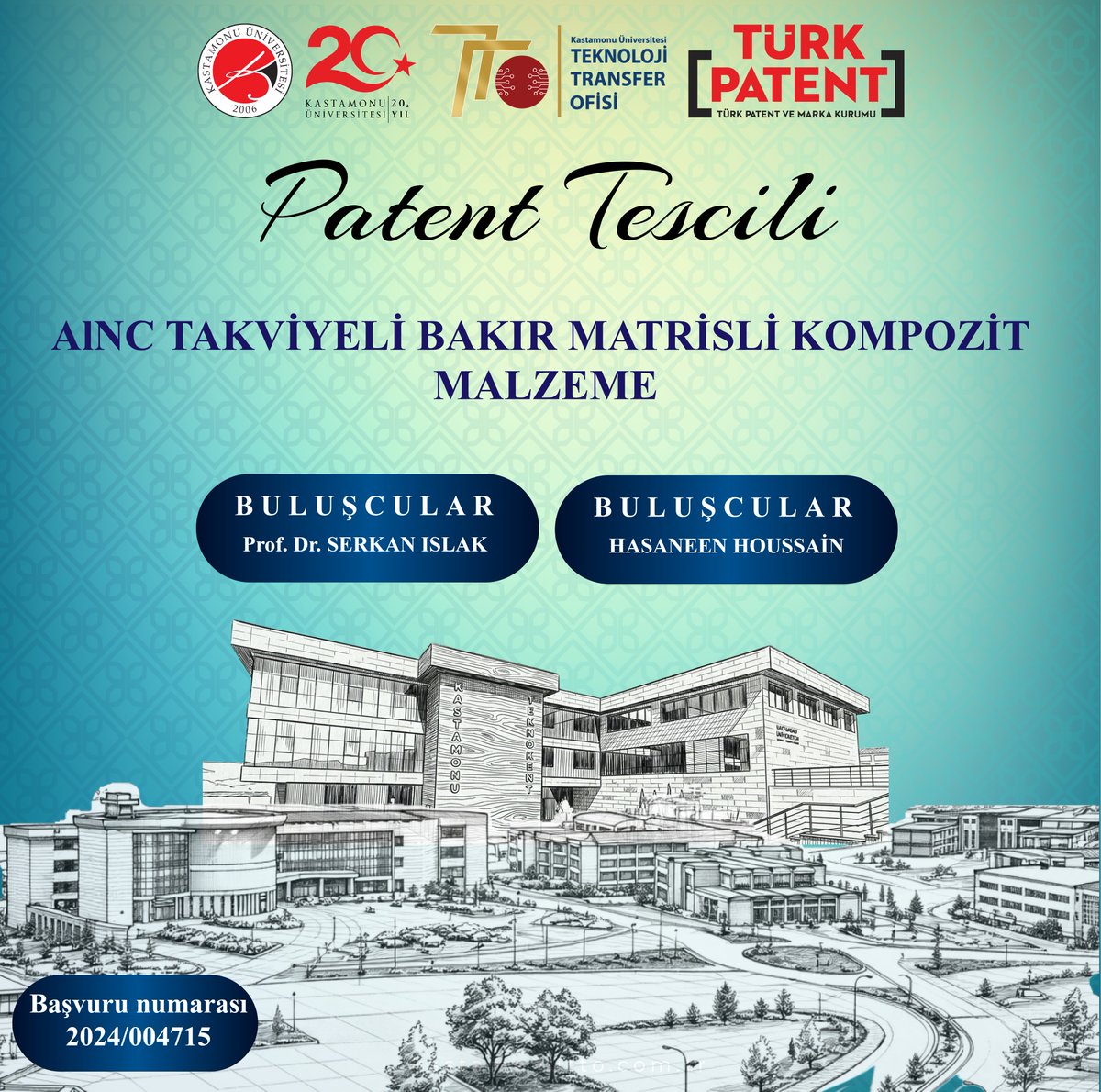 KastamonuTTO's tweet photo. Kastamonu Üniversitesinin fikri ve sınai mülkiyet çıktıları arasına yeni bir patent daha eklendi. Prof. Dr. Serkan ISLAK ve doktora öğrencisi Hasaneen HOUSSAİN’in “AlN Takviyeli Bakır Matrisli Kompozit Malzeme” başlıklı buluşu tescillendi. Buluşçularımızı tebrik ederiz. https://t.co/wpPPVVd0d6
