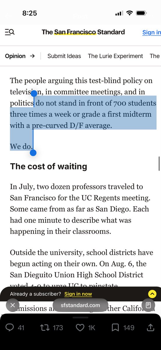 EmilyVBurns's tweet photo. Read the entire article. It is so damning. 

- The average in a first year calculus class is a D/F before curving. 
 
- ~8% of students accepted from high-achieving schools, 43% from failing schools, so much so that 25 of the 34 admits COULD NOT have been qualified. 

Grade inflation makes it impossible to tell if the grades mean anything—presumably at the failing school, nearly all had 4.0’s or higher (avg at Berkeley is ~4.5). Only extremely elite schools rank, which means everyone under the top 10% (virtually all of whom would excel those in the failing school) are penalized. 

From an employer perspective, this should make all UC degrees suspect (the average is literally failing).