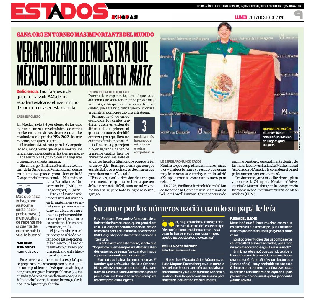 shakalisis's tweet photo. Mi paisano Emiliano Fernández Almazán, 
joven estudiante de la Universidad Veracruzana 
ganó medalla de Oro en el Concurso Internacional de Matemáticas,
celebrado en Bulgaria.
Un orgullo para Veracruz y para México.
Felicidades!. 
@Claudiashein
@mario_delgado
@rocionahle https://t.co/fZfuYaYTgW