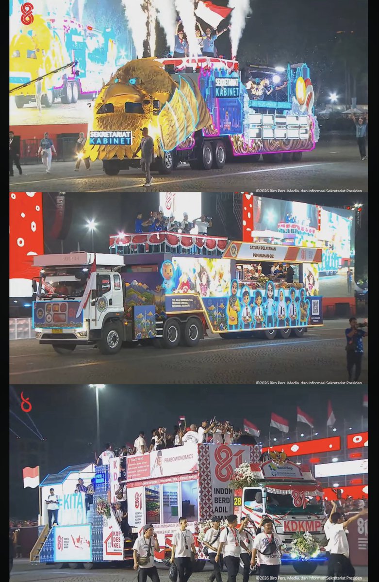 txtdrimedia's tweet photo. PARADE KARNAVAL PERAYAAN HUT RI KE 81 DI MONAS

tampak mobil karnaval seskab, BGN, kopdes merah putih, dan mobil karnval dari berbagai kementrian kabinet pra-gub https://t.co/9AHkuKnnmd