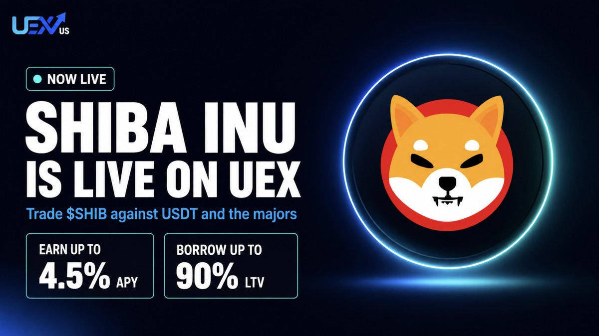 uex_us's tweet photo. Shiba Inu is live on https://t.co/tENlDZzxca.

The self-styled Dogecoin killer, built by the Shib Army into a full ecosystem: Shibarium, ShibaSwap, and one of the largest communities in crypto.

Trade $SHIB against USDT and the majors. Buy it with PayPal, wire, or card. Earn 4.5% APY on it through Savings Rewards from day one, or borrow against it for cash up to 90% of its value without selling.

Welcome to UEX, Shib Army.

What ticker should we list next? Drop it in the comments, the listings team is reading every reply.

https://t.co/ukiaEdpvuC