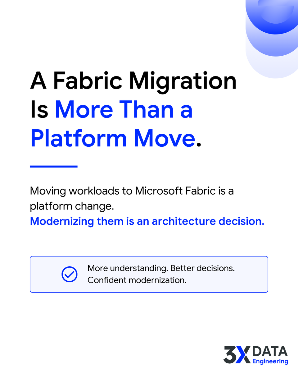 3XDataEngg's tweet photo. A Fabric migration involves more than converting code. Legacy complexity, platform differences, target architecture, data models, and migration planning all shape the outcome.

What is the hardest part of your Fabric migration?

#microsoftfabric #datamigration #3Xdataengineering https://t.co/Tp1CjvjkYt