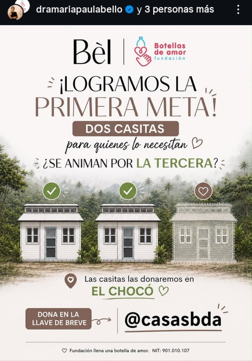 ArmyndreA's tweet photo. Iniciativas humanitarias para construcción de casas y apadrinado de familias damnificadas! (Incluyen donación y donación directa a las familias)

INICIATIVAS PARA CONSTRUIR CASAS

1. BÈL + Botellitas de Amor 1 Casa x 1 casa: en esta iniciativa se busca que por medio de recaudación se logre costear una casa y ellos ponen otra casa. Al momento de esta publicación YA lograron la meta de poner dos casas y van por la tercera todas destinas al Chocó. 
🔗https://t.co/kLPHcsitmt

2. Cemento Argos + NJ Adopta un Hogar: Tanto cementos Argos como el cantante NJ, ponen una donación inicial de 13mil millones de pesos para la construcción y reparación de casas en Chocó, Valle del Cauca y Eje Cafetero. La idea es que por medio de donaciones se duplique la cifra para ayudar más hogares.
🔗https://t.co/33IJri948j

3. TECHO Colombia construye casas prefabricadas y faciles de armar, cómo también sismoresistentes junto a las familias afectadas y voluntarios. Tienen varias colaboraciones con diferentes marcas para poder aportar en el proyecto. 
🔗https://t.co/xBBiu4w1YT

INICIATIVA PARA APADRINAR UNA FAMILIA 

Por medio de la web 🔗https://t.co/ZQ0sPwk3ql pueden conocer directamente la situación de 240 familias damnificadas, donde pueden enviarles dinero directamente por Bre-B, Nequi, Daviplata o cualquier banco Y hablar con las familias directamente por Whatsapp sin intermediarios, sin comisiones. Al momento 11 familias necesitan ser apadrinadas.