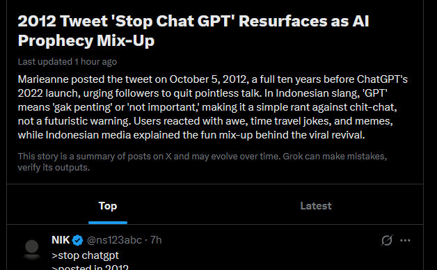 Viruscoinpf's tweet photo. TIME TRAVELLER PREDICTS CHATGPT 

Tweet from 2012 is BLOWING up with over 5M views, and it JUST started trending on twitter

This is SO good people are forming cults around this whole ordeal this guy literally posted "Stop Chat GPT" in 2012 

We've sent so many of these narras to multi 100ks and this is the best
https://t.co/DQftQvmpVD