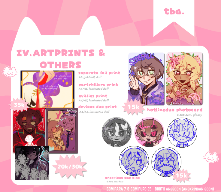 caemichi's tweet photo. [❤️&amp;🔄appreciated] 
HAII my #CF23 &amp; #Comipara7 batch 1 is here! :D

📅: 17-28 August
📌: Pick-Up (both days) + Mail Order 🇮🇩
Fandom: MCYT (LifestealSMP, Unstable Universe, StateSMP, etc), Malevolent, VN, JRWI, Deltarune, Original

PO link below! (4/7)
#comifuro23 #cf23catalog https://t.co/H3bWhnsLi8