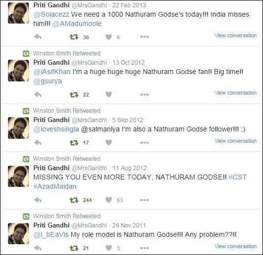 zoo_bear's tweet photo. Meet Priti Gandhi ( @MrsGandhi), She is BJP's New co-convener of  Social Media Department. 
She is a proud and a Huge huge huge fan of Nathuram Godse. The Killer of Mahatma Gandhi. https://t.co/CSYGdzZre4