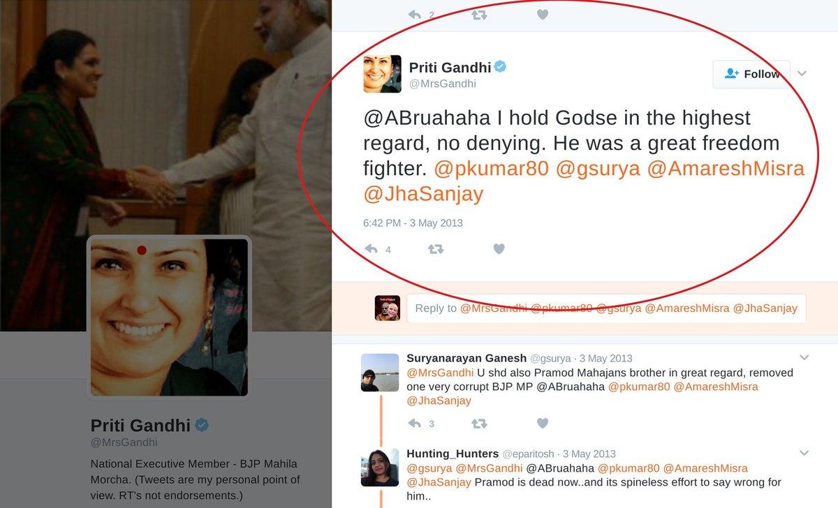 zoo_bear's tweet photo. Meet Priti Gandhi ( @MrsGandhi), She is BJP's New co-convener of  Social Media Department. 
She is a proud and a Huge huge huge fan of Nathuram Godse. The Killer of Mahatma Gandhi. https://t.co/CSYGdzZre4
