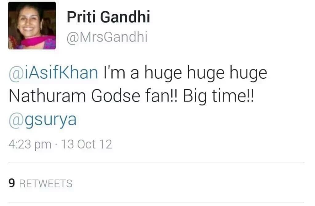 zoo_bear's tweet photo. Meet Priti Gandhi ( @MrsGandhi), She is BJP's New co-convener of  Social Media Department. 
She is a proud and a Huge huge huge fan of Nathuram Godse. The Killer of Mahatma Gandhi. https://t.co/CSYGdzZre4