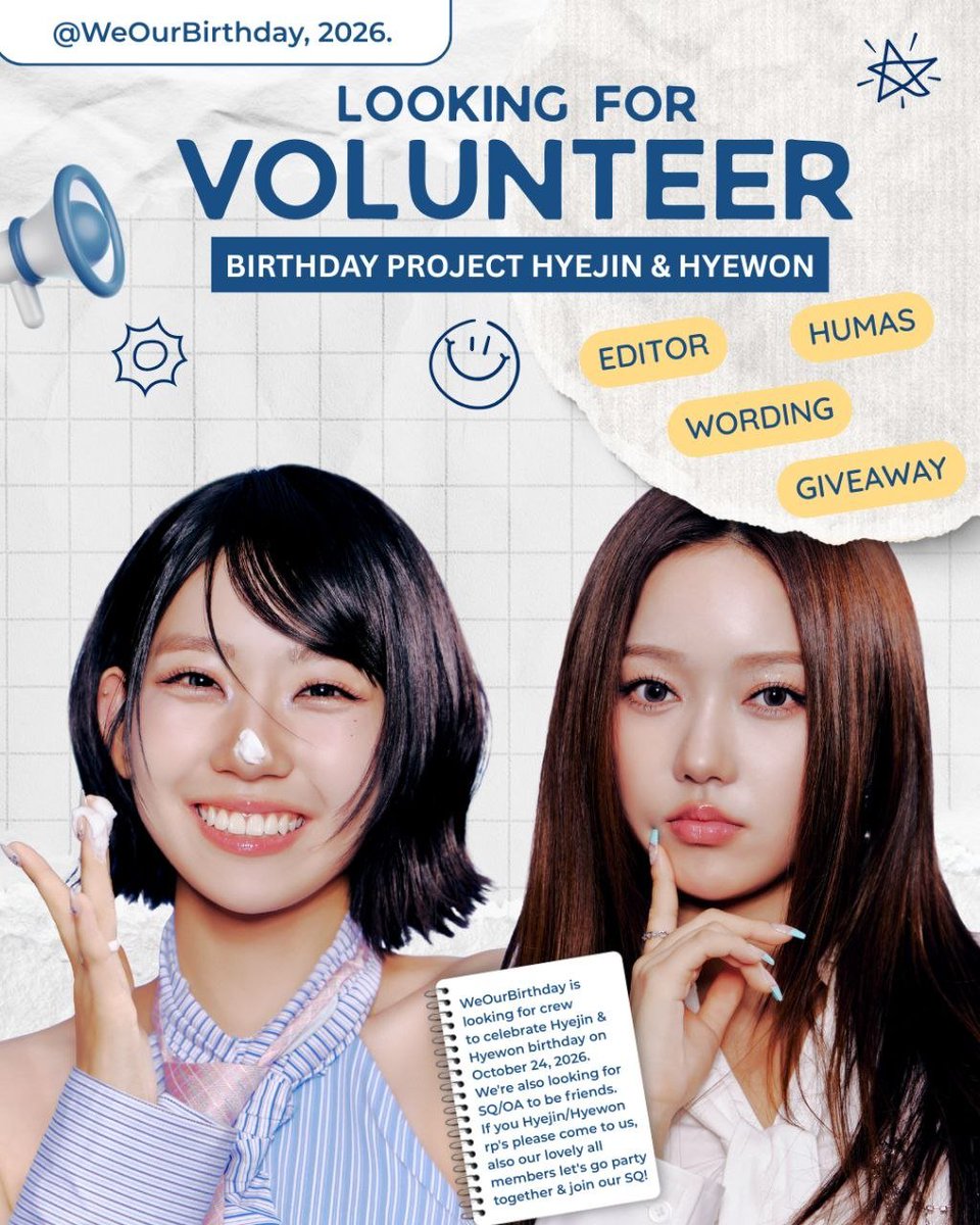 WeOurBirthday's tweet photo. ୨୧ Once upon a birthday...

𝗛𝗒𝖾𝗃𝗂𝗇 &amp; 𝗛𝗒𝖾𝗐𝗈𝗇’𝗌 birthday is coming! 🧁🎀 WeOurBirthday is looking for volunteers to join their sweet birthday story. Join us here: https://t.co/vg8i03pXYr  ♡

Dear OA/SQ, shall we be friends? ❤︎ https://t.co/yx0Xsi3jHR