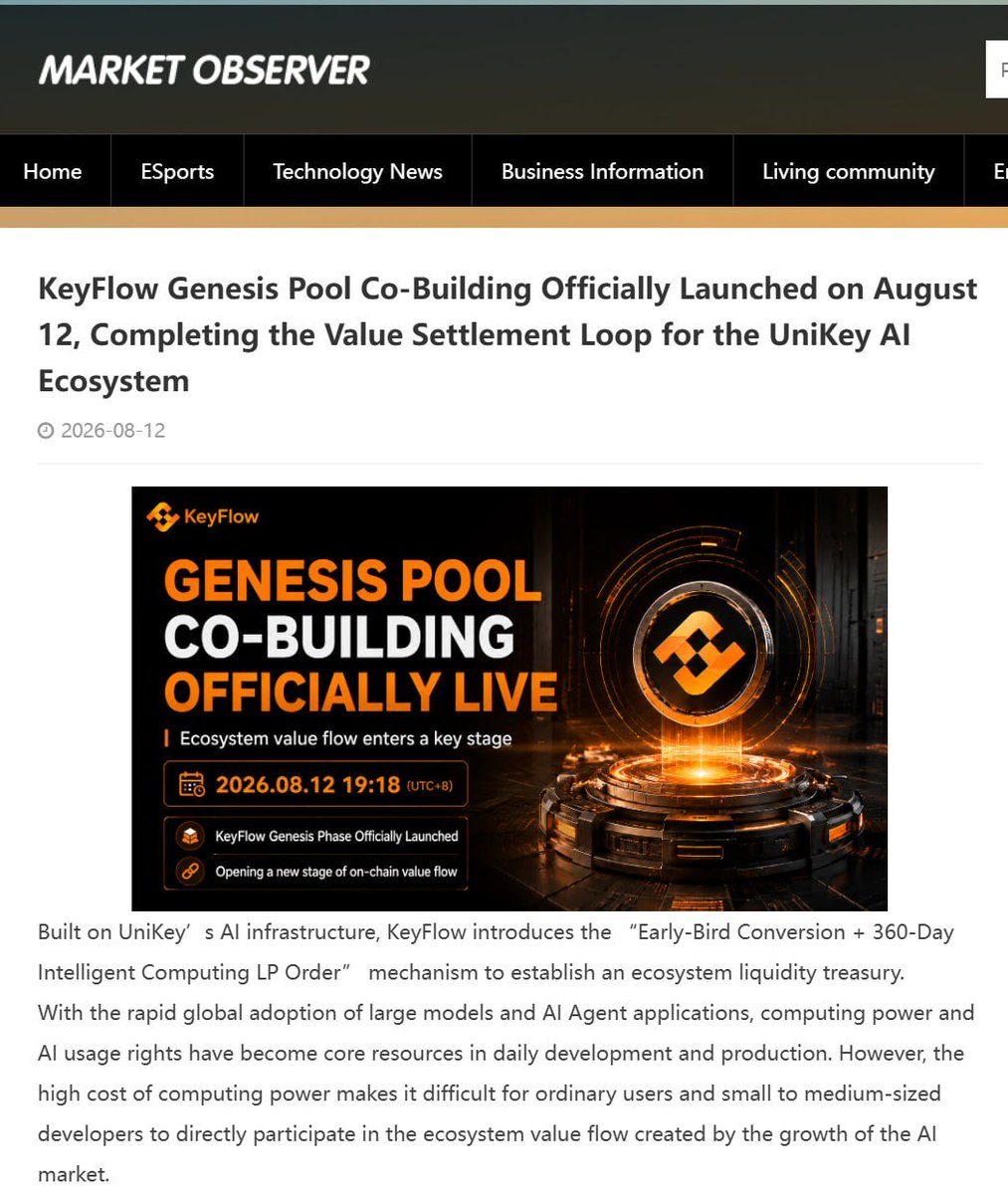 KeyFlow_EN's tweet photo. 🔝 KeyFlow Gains Global Attention, With 5️⃣0️⃣0️⃣+ Global Mainstream Media Outlets Focusing on the New AI Value Loop Strategy

🔈 From AI capability integration to continuous value circulation, KeyFlow is driving the AI ecosystem into a new stage of development.

🔑 One KEY, Connecting Value Flow in the AI Era
🔴 UniKey provides AI infrastructure capabilities, while KeyFlow builds the ecosystem value settlement network
🔴 Genesis Pool Co-Building officially launched, establishing an AI ecosystem liquidity treasury
🔴 360-day Hash Power LP orders provide stable support for long-term ecosystem development
🔴 Real business values including AI service revenue and hash power fees continuously flow back into the ecosystem
🔴 Early-bird conversion mechanism activated — the earlier you participate, the greater the ecosystem launch benefits you can enjoy

🌐 The new era of AI economy has begun. Join KeyFlow now and participate in ecosystem growth together: https://t.co/mP7zjVpY88

🔗 Selected media coverage is now available:Europe & America: 

Market Observer：https://t.co/DHo9goeNOM
The Kenya Daily：https://t.co/LWpJBx3EOv
 American news network：https://t.co/FkgmYOqcqf
BBC Network News：https://t.co/Mxwjo6gX2f