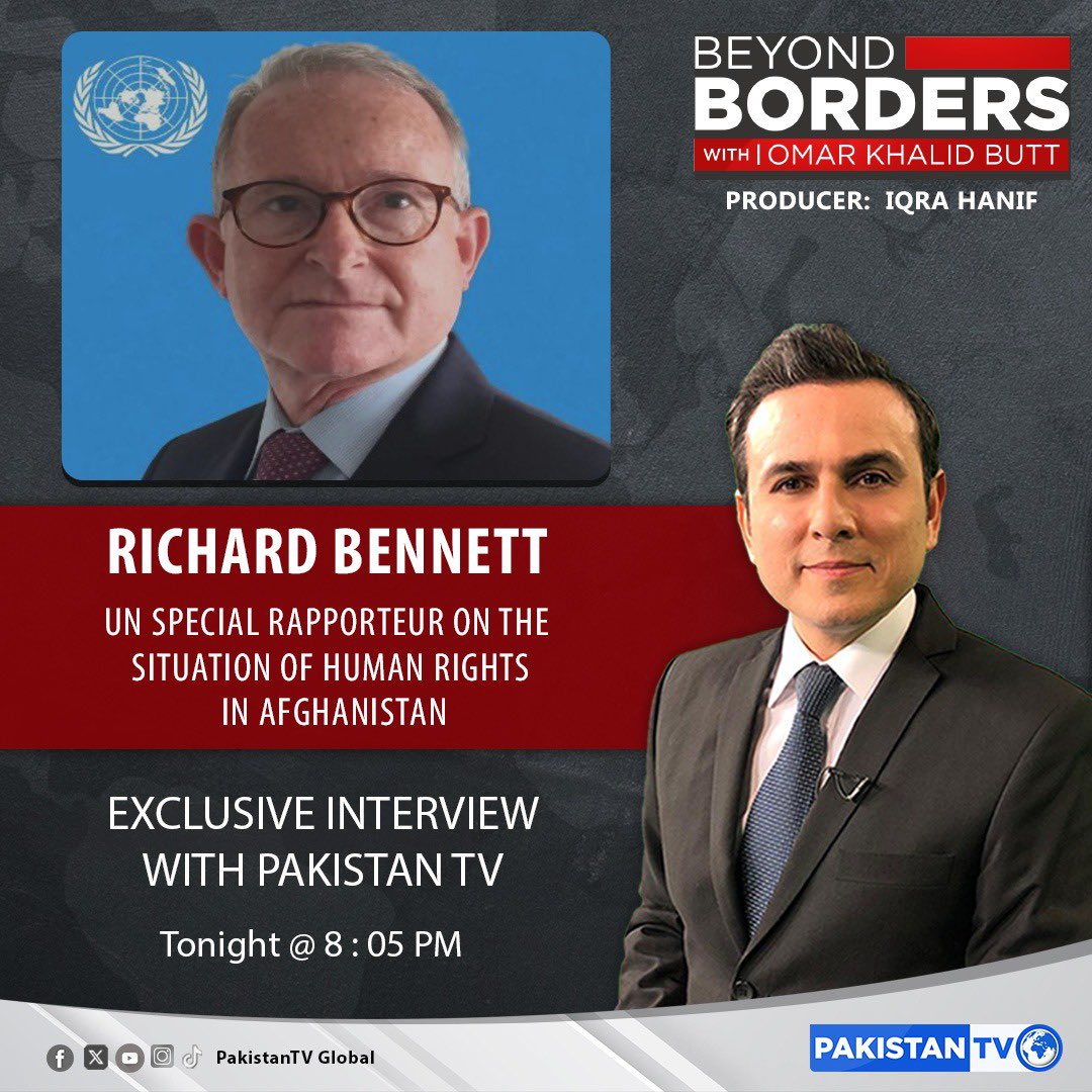 OmarButtPK's tweet photo. Tonight at 8:05 PM on Pakistan TV: An Exclusive on Beyond Borders

Topic:

Five Years of Taliban Rule: Afghanistan in the Grip of Poverty, Repression and Restrictions on Women

Guest:

Richard Bennett
UN Special Rapporteur on the situation of human rights in Afghanistan

Repeat timings: Tuesday at 7:05 am and 2:05 pm Pakistan Standard Time.

Stream on: https://t.co/r99kvgmBEs

@OmarButtPK
@iqrahanif2610
@SR_Afghanistan