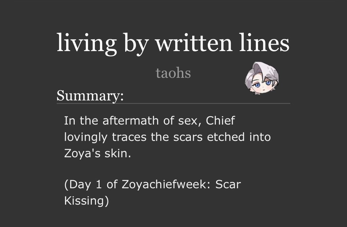 zoyachief's tweet photo. 🐺🍊

Day 1: Scar Kissing
(Rated M, Mild Hurt/Comfort)
🔗 https://t.co/8aIHUAhhzZ

#zoyachief #zoyachiefweek 
#無期迷途 https://t.co/vCsZEcfA2G