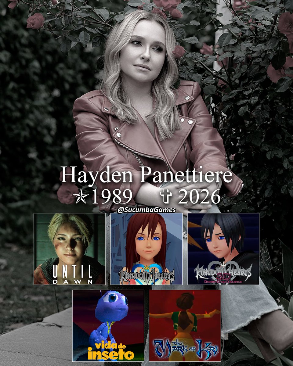 SucumbaGames's tweet photo. Como muitos devem ter visto, a querida atriz Hayden Panettiere faleceu aos 36 anos. Ela marcou muitas pessoas em Pânico IV, Heroes, Nashville, Vida de Inseto, entre outras obras icônicas.

Ela teve uma presença memorável no mundo dos games com Samantha (Until Dawn), Kairi (Kingdom Hearts I e II), Xion (Kingdom Hearts 3D: Dream Drop Distance), Dot (Vida de Inseto do PS1) e Tati (The Mark of Kri).

Seus diversos trabalhos ficarão marcados por gerações. Desejamos conforto à família, aos amigos e aos fãs.