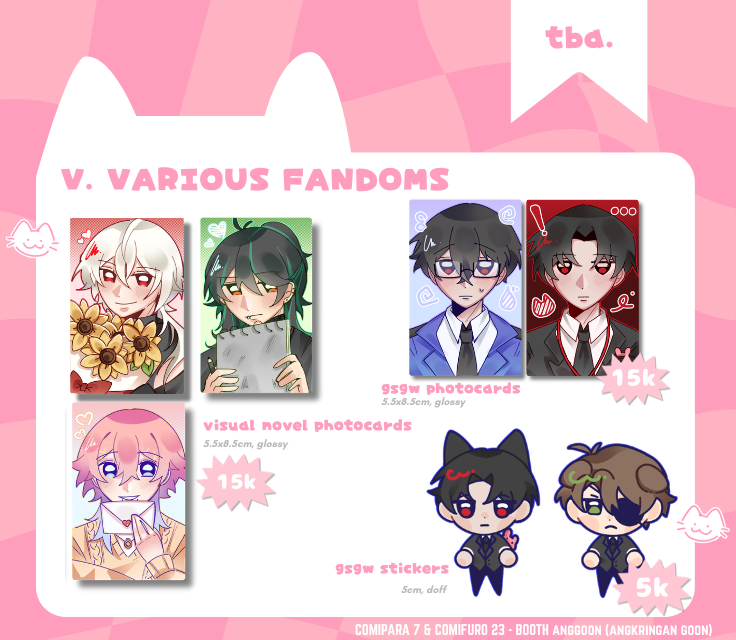 caemichi's tweet photo. (6/7)
VN, GSGW, Malevolent, Deltarune, JRWI (UPP)
#comipara7 #comifuro23 #cf23 https://t.co/gQwSTvbspa