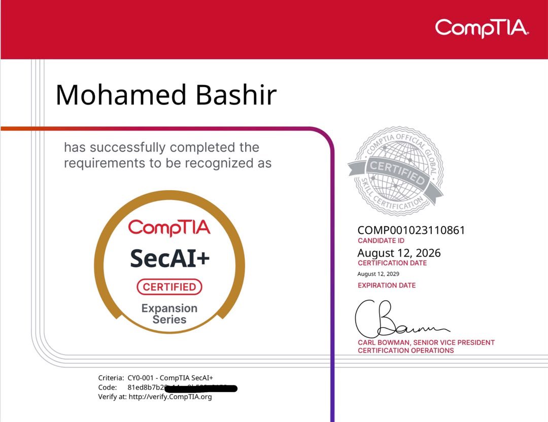 themoohamed's tweet photo. I’ve passed my first AI security certification exam CompTIA SecAI+.  AI is changing cybersecurity, and securing AI is becoming an essential part of the mission.
For me, this is where cybersecurity is heading, beyond securing networks, identities, and data, toward securing the AI systems increasingly making decisions alongside us.
@CompTIA #AISecurity #Cybersecurity #ArtificialIntelligence #CyberSecurityAI #GenerativeAI #AITrust #ResponsibleAI #AIGovernance #InfoSec @CompTIA  #SecAIPlus #AI